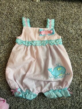 Nursery Rhyme Pink Seersucker Baby Bubble Romper with Aqua Whale